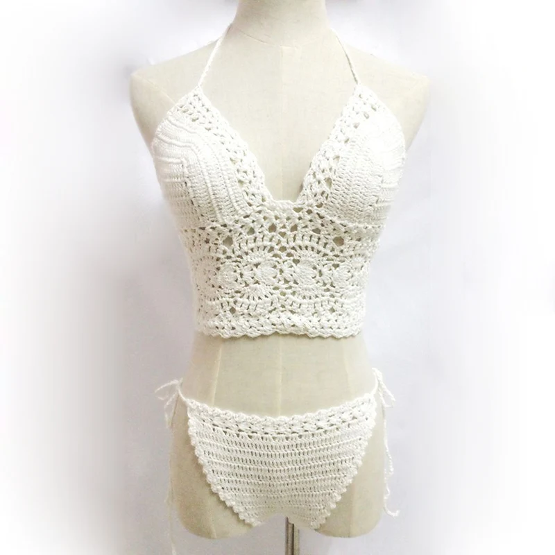 Bohemia Black White Bikini Sexy Bandage Lace Up Crochet Bikini Vintage Summer women Beach Wear Maillot Bathing Suit (4)