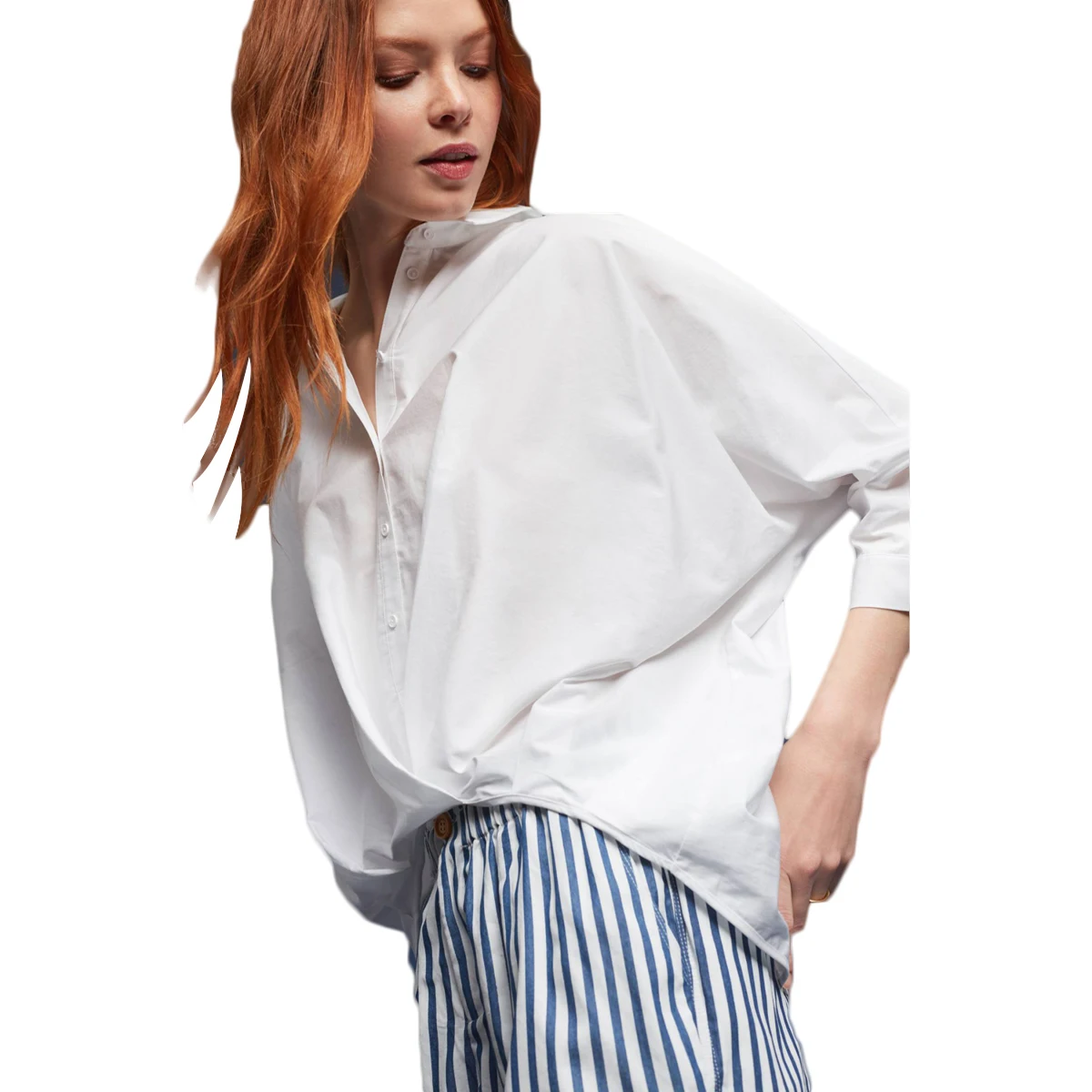 Белый HDY Haoduoyi Women White Shirts Batwing Sleeve Button Down Shirt Ladies Blouse Casual Work Wear Fashion Blouses Female Tops - Цвет: Белый