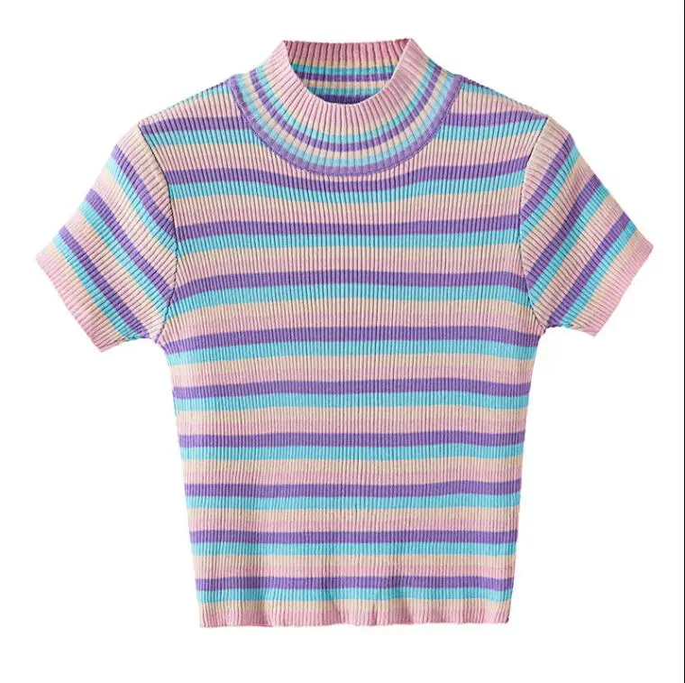 

Rainbow Stripe Slim Short Knit Women's Summer Korean Sweet Short Sleeve T-Shirt