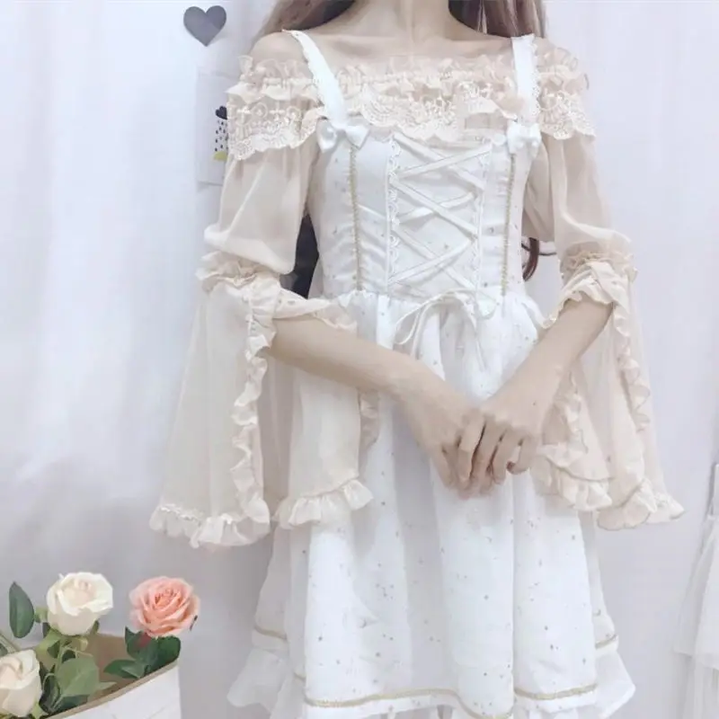 Kawaii японский Лолита платье мягкие сестры кружева Лолита Топы персонаж воротник Ji рукав труба рукав шифон рубашка для женщин - Цвет: White sleeveless