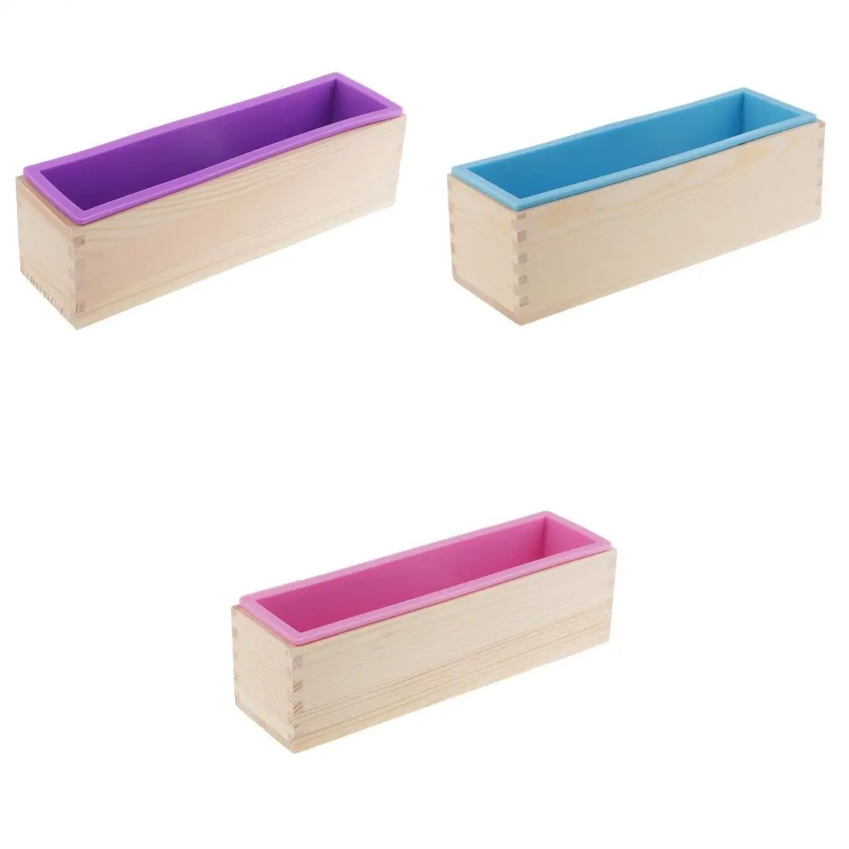 3pcs Rectangle Silicone Soap Mold Wooden Box DIY Tools Toast Loaf Baking Cake Molds - Pink/ Purple/ Blue
