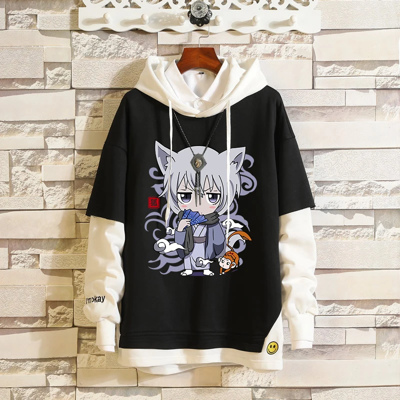 

Anime Kamisama Love Kiss Tomoe Fake Two-Pieces Hoodies Pullover Hooded Sweatshirt Contrast Sleeves Hip-Hop Streetwear