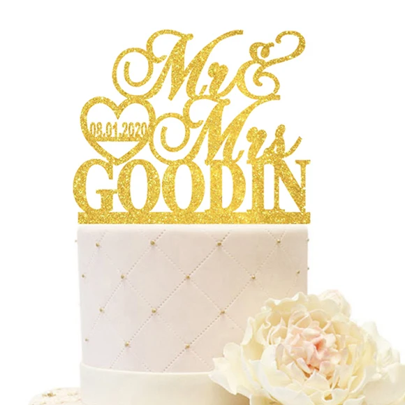 Gold Glitter Mr& Mrs Свадебный Топпер для торта, олицетворенный именем под заказ, Синий Золотой Розовый Серебряный украшения для вечеринок юбилей - Цвет: Gold Glitter