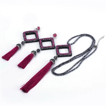 

Boho Square Rhinestone Charm Dark Red Maroon Silk Tassels Dangle Earring Pendant Hematite Chain Necklace Jewelry Set For Women