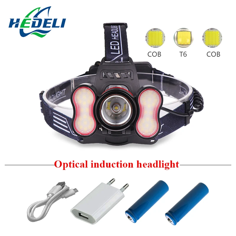 cheap camping COB headlight Bright sensing head lamp usb rechargeable headlamp 18650 t6 head torch flashlight lantern lampe frontale