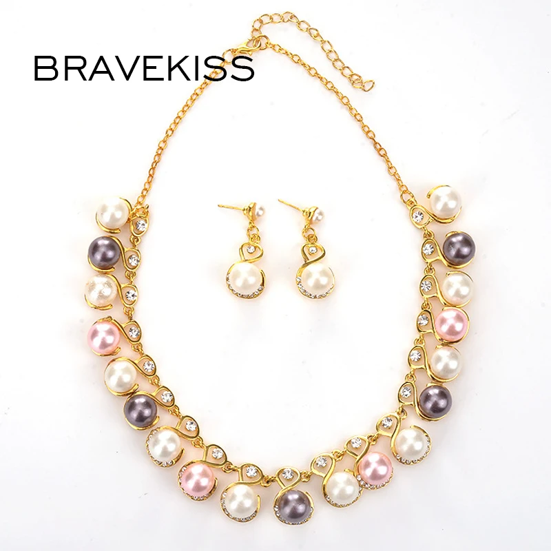

BRAVEKISS Bridal Jewellery Alloy Rhinestone Pearl Necklace Earrings Jewelry Set For Women Bride Wedding Decoration BPS0079