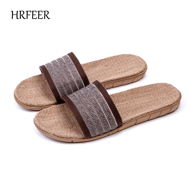 

HRFEER Summer Striped Men Slippers Indoor Floor Sandals for Women Home Slipper Fashion Unisex Beach Slippers Healthy Flax Shoes