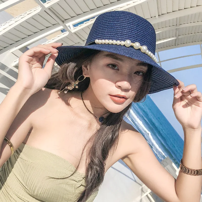 DANKEYISI бренд Дизайн Лето Шапки для Для женщин Beach Sun Hat Складная большой соломенной шляпе для отдыха с жемчужным бантом солнца шапки - Цвет: navy pearl chain