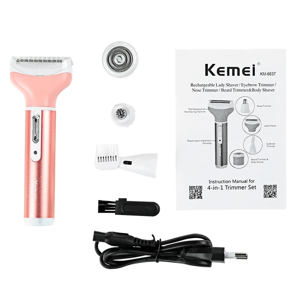 Kemei KM-6637 многофункциональная 4 в 1 перезаряжаемая Женская бритва для тела борода, брови триммер для носа женский электрический триммер для носа