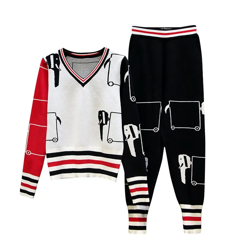 2018 Autumn and Winter Runway Suits Women Printing Knitted 2 Pieces Sets Long Sleeve Sweatshirt Top and Knitted Pants Suits Women's Sets