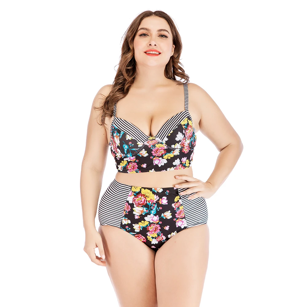 

Plus Size Bikini Push Up Patchwork Swimsuit High Waist Swimwear Floral Swimsuit Bikini Striped Large Sizes 2019 Women Crop Top