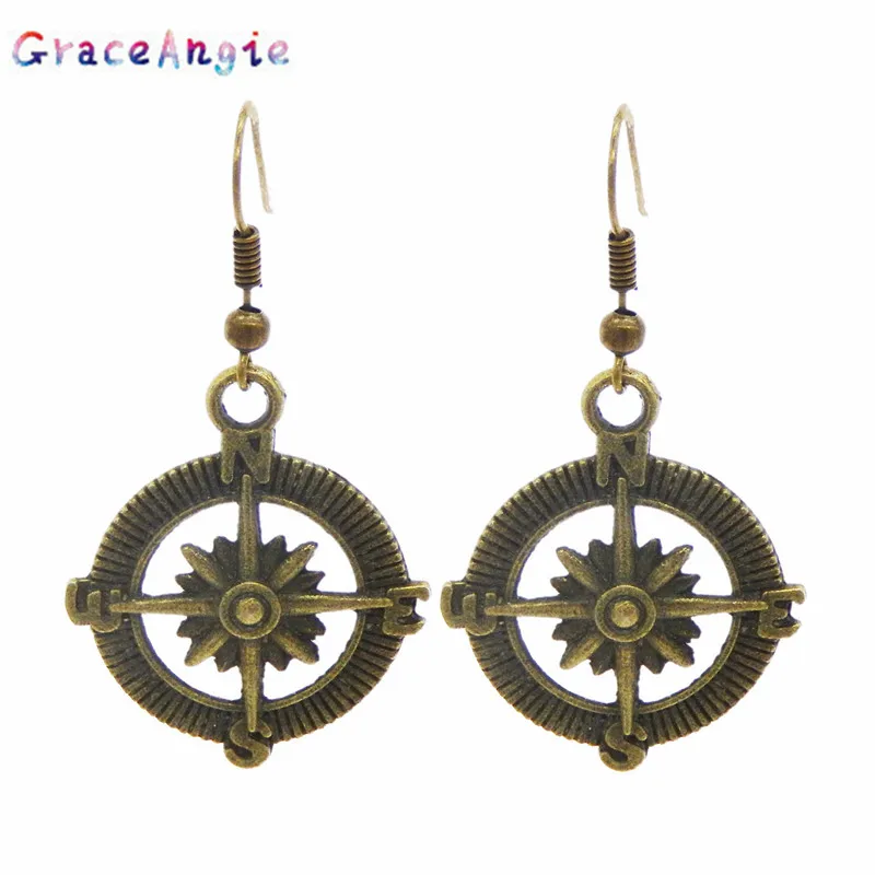 

GraceAngie Ancient Blue White 1 pair/pack Zinc Alloy Ship Tortoise Compass Ear Hook Pirate Captain Compass Earring Vintage