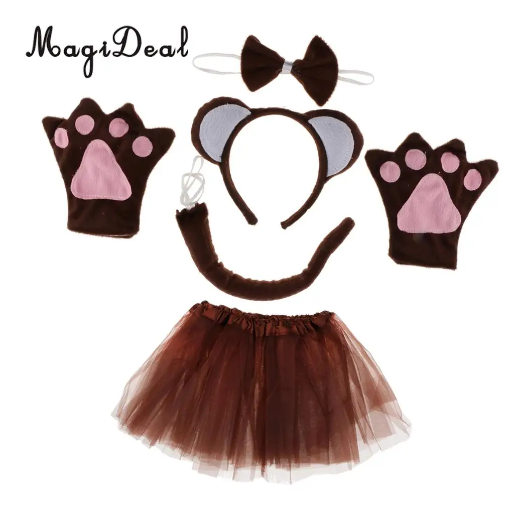 MagiDeal 5 Pieces Monkey Headband Bow Tie Tail Paws Tutu Skirt Cosplay Fancy Dress Up Set Photo Prop