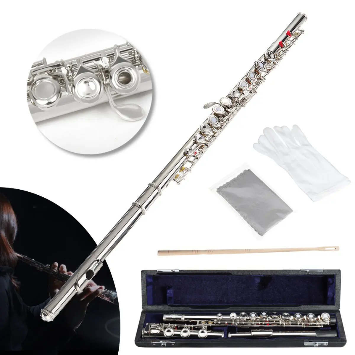 

Open 17 Holes C Flute Silver Nickel Plated Concert Beginner Flute Set With Carrying Padded Case Split E Key Woodwind Instrument