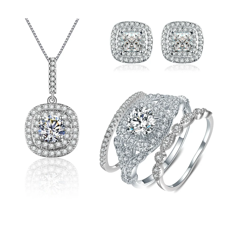 

MDEAN White Gold Color Wedding Jewelry Sets Stone AAA Zircon Engagement Rings+Earrings+Pendant Women Fashion Accessories