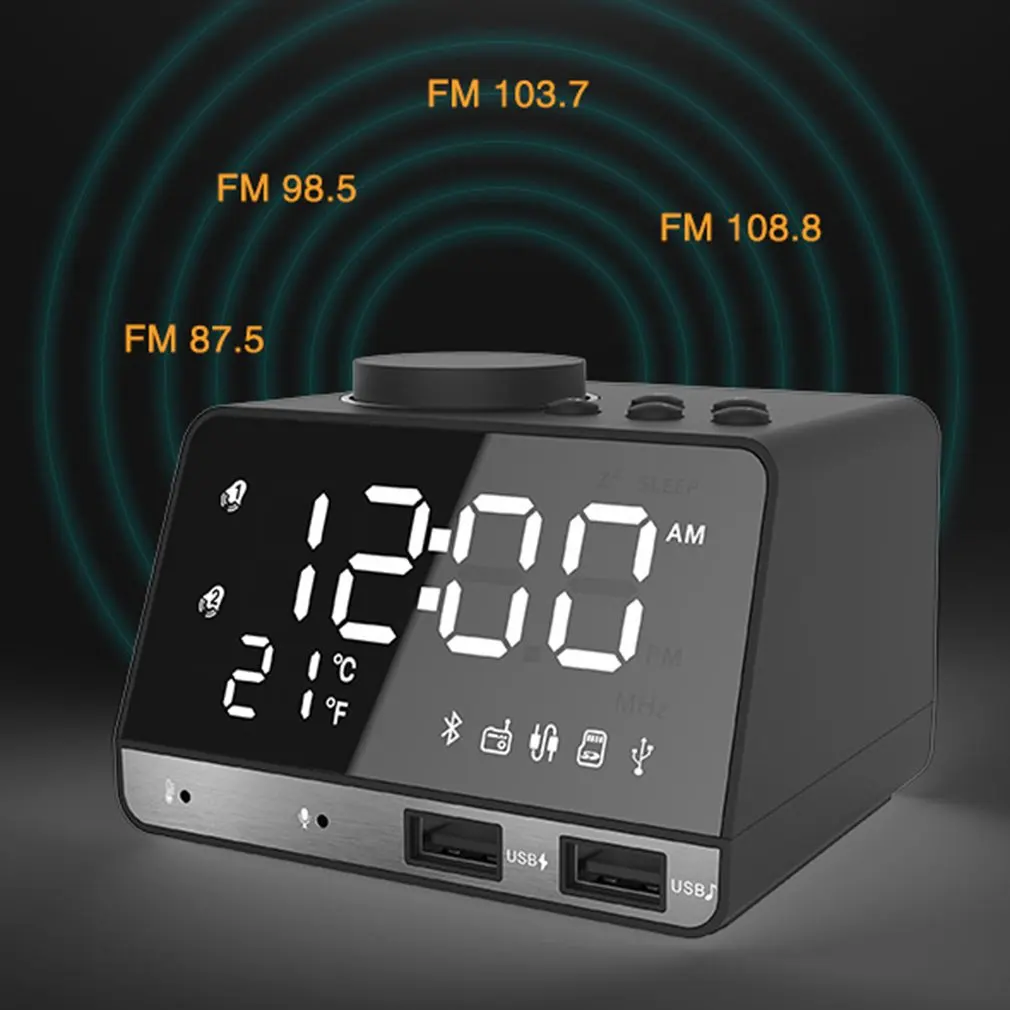 Многофункциональный Bluetooth будильник динамик с двойным usb-интерфейсом зарядка аудио светодиодный зеркальные часы музыкальный дисплей настольные часы