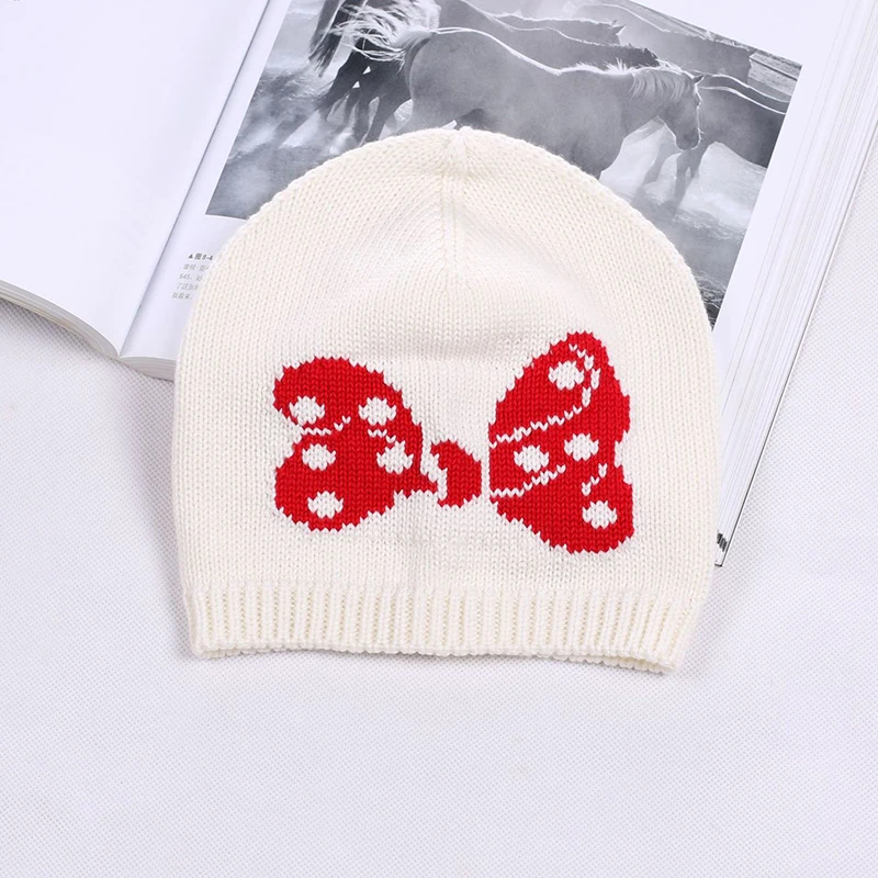 Bow Pattern Baby Girls Beanies Hat Thicken Warm Winter Sukll Cap Knitted Cotton Bonnet Single Layer Earflap Hat Boneless Comfortable (2)