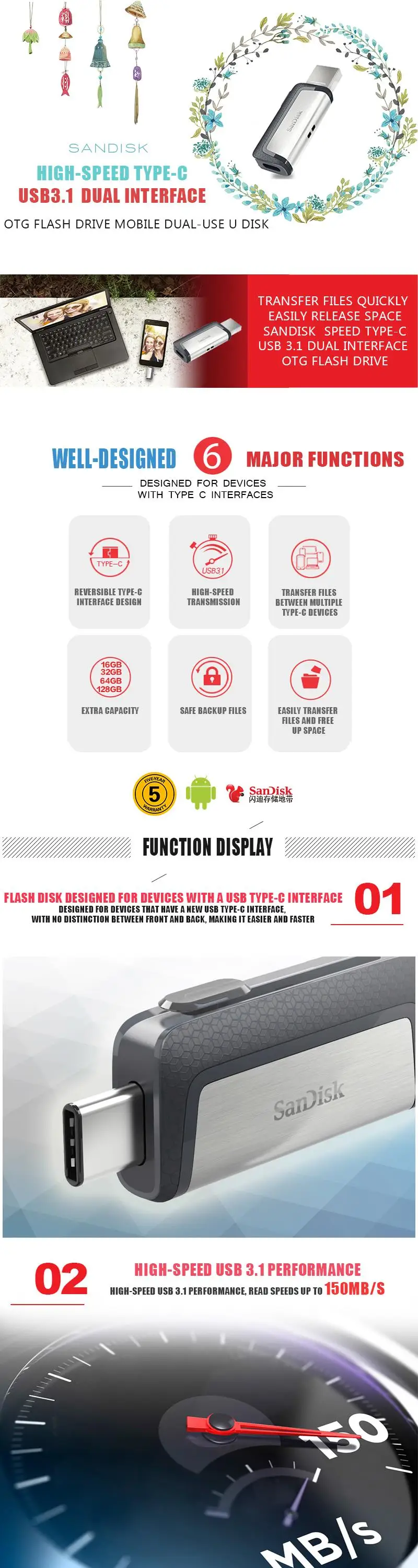 Флеш-накопитель sandisk 128gb 32gb SDDDC2 Extreme type-C USB3.1 16gb Dual OTG USB Flash Drive 64gb usb3.0 USB Stick