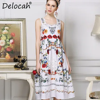 

Delocah Fashion Designer Summer Women Dresses Spaghetti Strap Gorgeous Flower Embroidery White Elegant Holiday Dress vestido