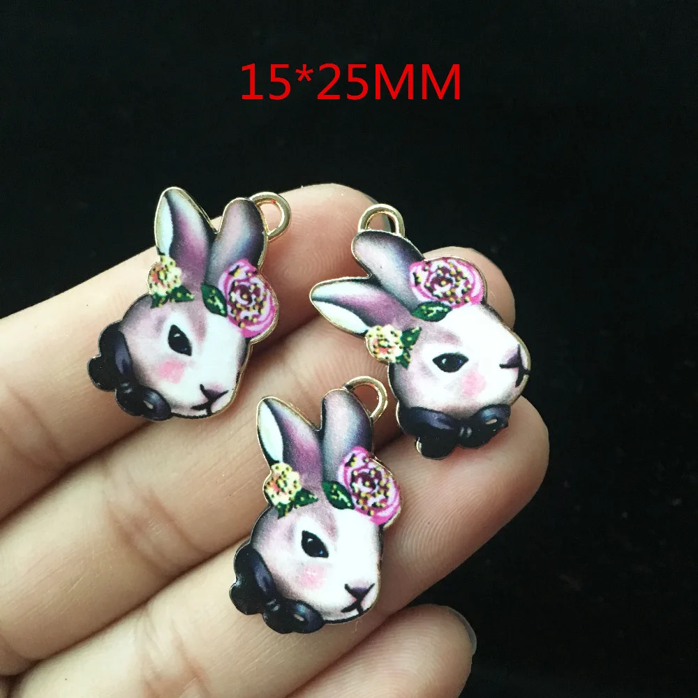 

Trendy Floral Kawaii Animal Rabbit Head Pendant Charms 5PCs Gold Tone Plated Alloy Enamel Bracelet Necklace Keyring Metal Charm