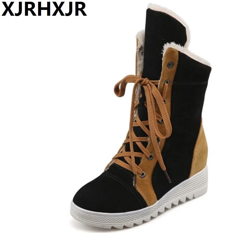 

XJRHXJR Woman Warm Shoes Winter Fur Boots Fashion Lace Up Platform Dress Shoes Ladies Plush Mid Calf Boots Big Size 34-43