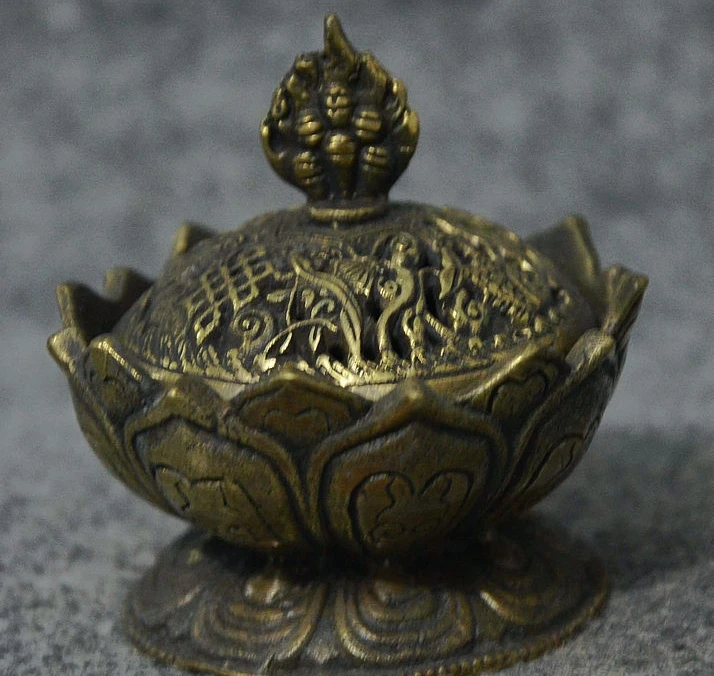 

7Cm China Buddhism Bronze Lotus Petal 8 Auspicious Symbol Incense Burner Censer