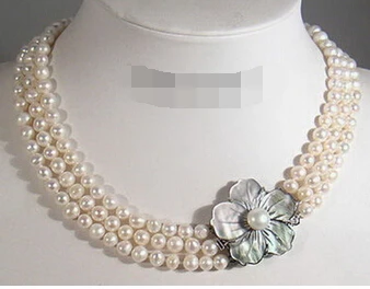 

zj 00034 3 Rows Real White Pearl 18KWGP Shell Flower Clasp Necklace AAA