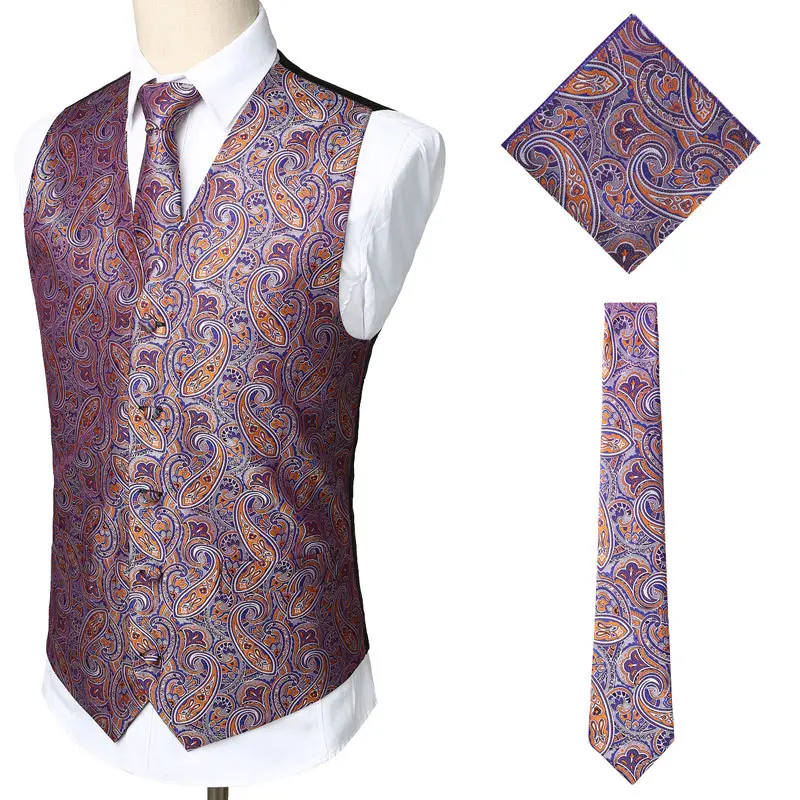  Mens Wedding Party Waistcoat Men 3pcs Vest Necktie Handkerchief Set 2019 Brand New Elegant Paisley 