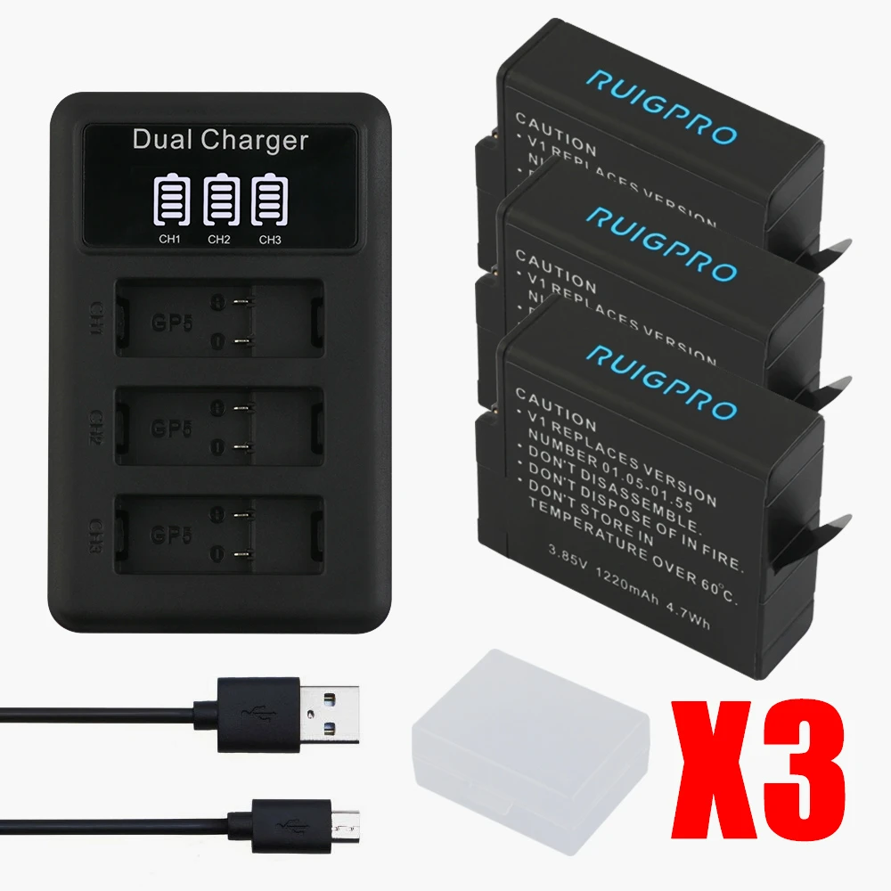 

RP 3pcs Batteries for GoPro Hero 5 Gopro 6/7 2018 Camera Battery AHDBT-501+ 3Slots LED USB Battery Charger with Type C Port