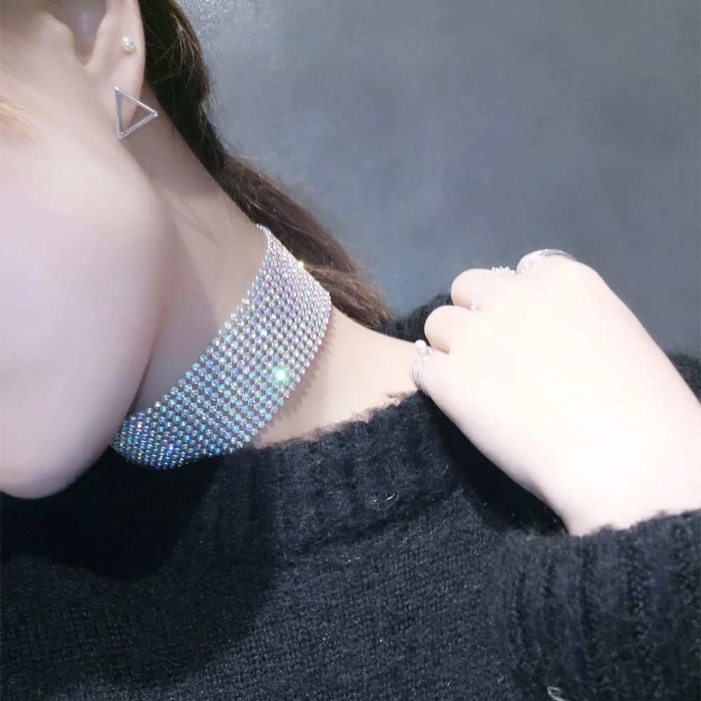 

3.8cm Width Trendy Wedding Party Prom Choker Necklace Colored Crystal Rhinestone Necklace Women Chocker Collares NR3627-NR3630