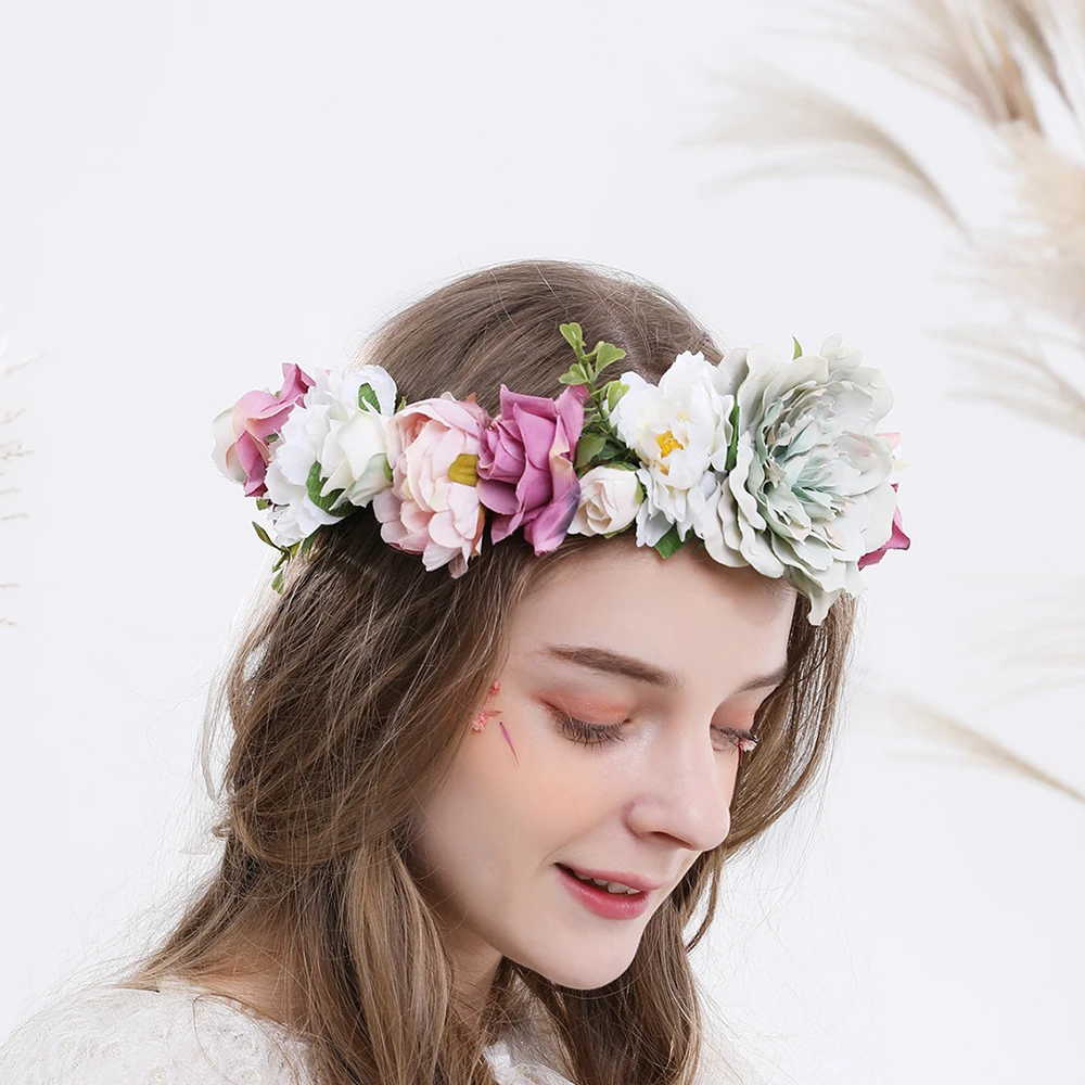 

HIYONG Fashion Design Colour Flower Crown Wedding Flower Crown Women Elastic Headband Flower Boho Rose Crown Headpiece for Women