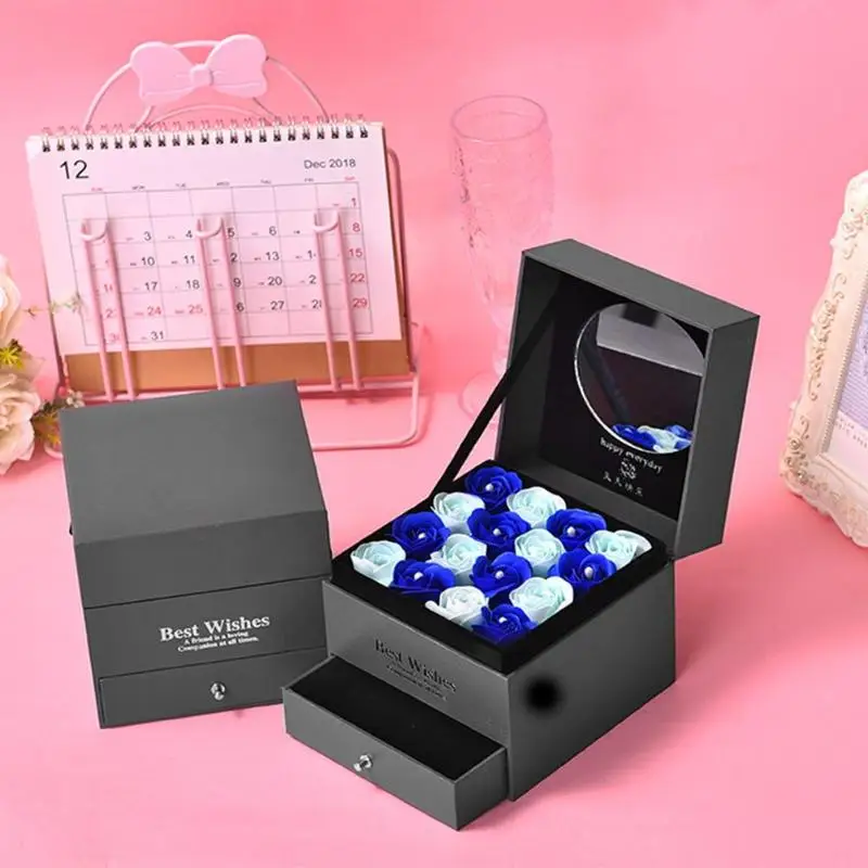 Бессмертный мыло розовая Подарочная коробка комплект ручной работы цветок из древесной бумаги Коробки двойной Слои ящик Юбилей День святого Валентина для хранения кабеля