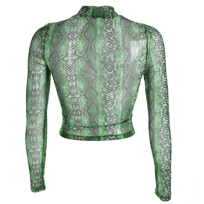 2019 جديد مثير المرأة الأفعى الجلد طباعة شبكة تي شيرت طويل كم السرة العارية قمم تيز صالح سليم انظر من خلال T قميص حار بيع