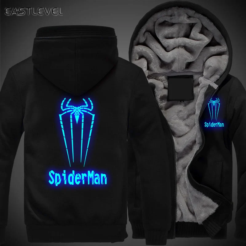 Hot Sales Luminous SpiderMan Printed Hoodie Hip Hop Sweatshirt Jacket Winter Streetwear Fleece Thicken Hooded Coat Dropshipping