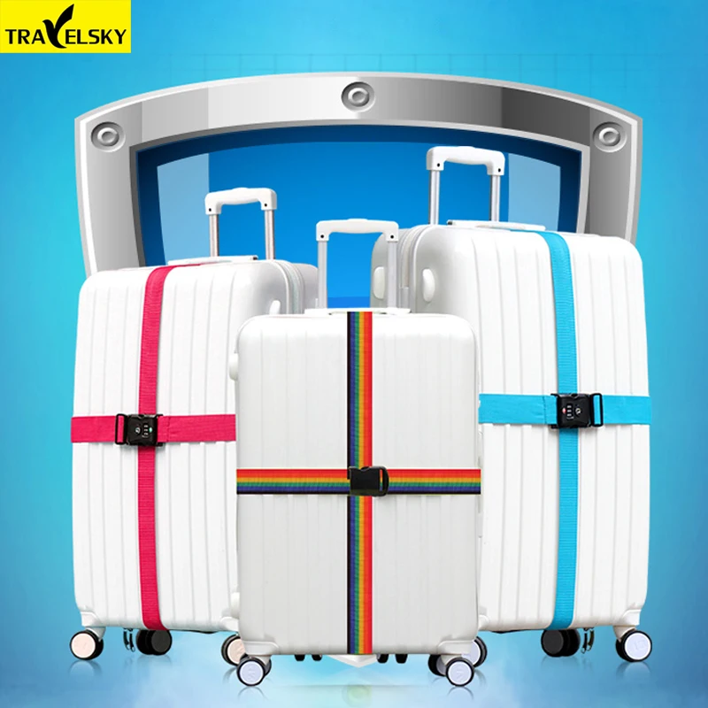 2pcs/set Travelsky New Travel cross straps Strong Nylon Belt size 18 to 34 inches suitcase TSA three layer password lock Strap 