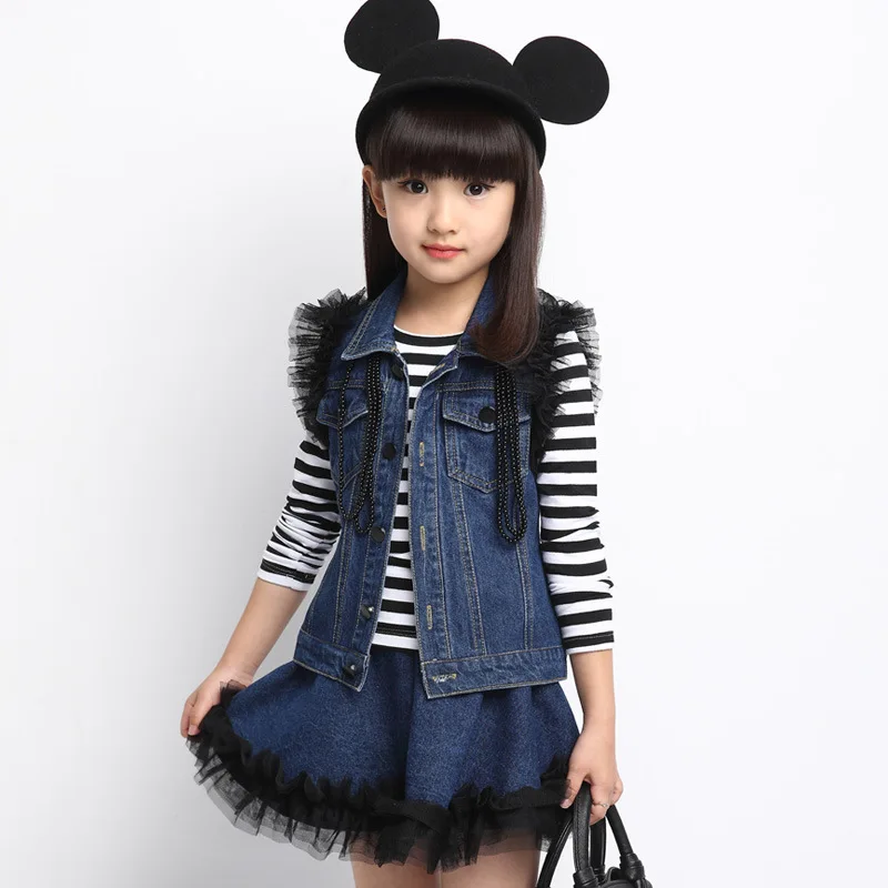 

Kids Clothes 2017 New Baby Girl Clothes Sets Denim Single Breasted Girl Clothing Set Denim Vest + Plaid T-shirt +Mesh Skirt 2-9T