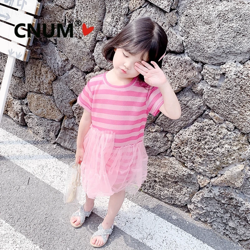 

CNUM 1-6 Years Girl Short Sleeve Striped Princess Dress Little Fashion Girls Clothing Mesh