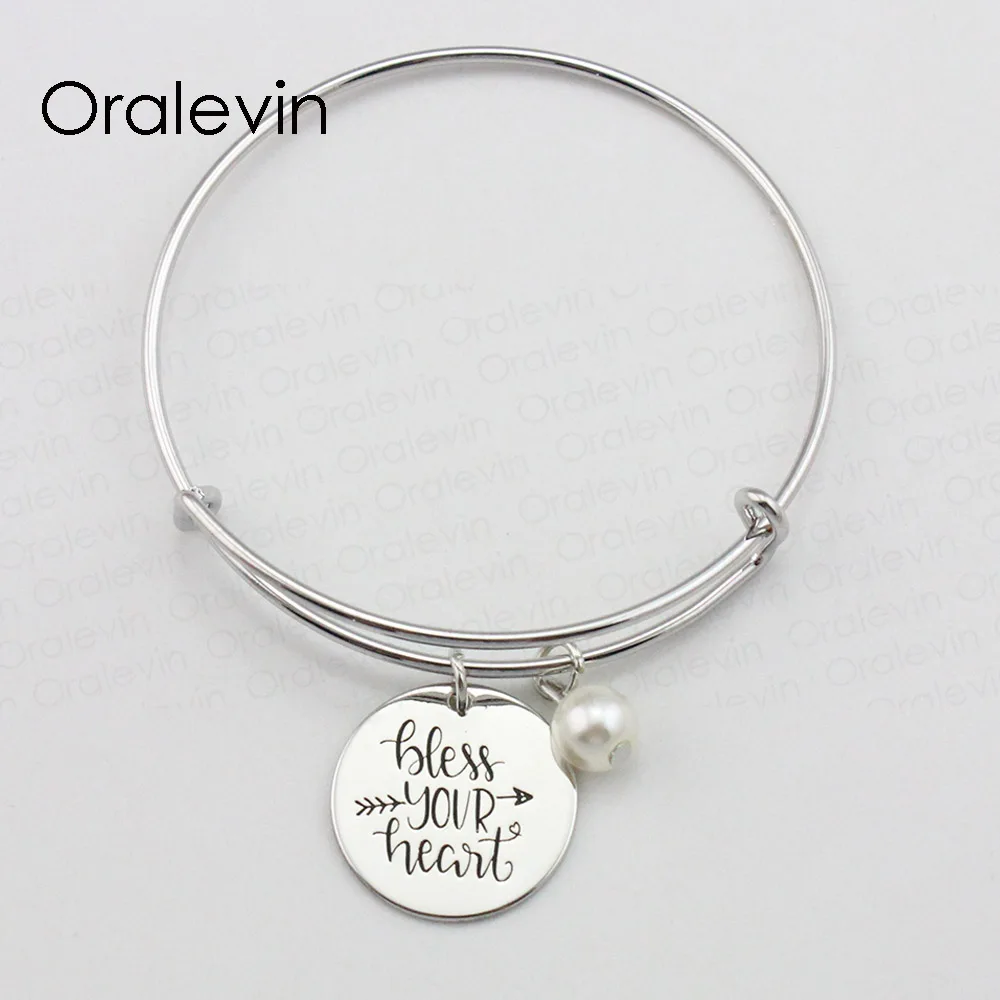 BLESS YOUR HEART Inspirational Hand Stamped Engraved Custom Pendant Expandable Wire Bracelet Fashion Jewelry 10Pcs/Lot #LN1965B | Украшения