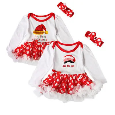 

First Christmas Baby Rompers + Headband Santa Newborn body suits babywears Baby Romper tutu Dress Baby Girl Long sleeve Clothes