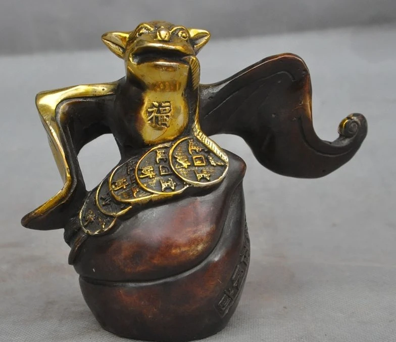 

6" Marked Old Chinese Bronze GiltWealth Money Bat Lucky Decoration Statue