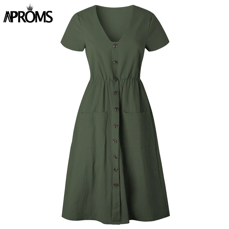 Aproms, одноцветное, цветное, с высокой талией, летнее платье, женское, повседневное, v-образный вырез, пуговицы, длина до колена, платье, Vestidos, женские, с карманами, сарафаны - Цвет: Зеленый