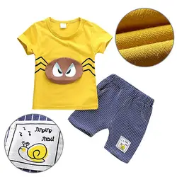 Летняя детская одежда для мальчиков и девочек, футболка с короткими рукавами и мультяшным принтом + полосатые шорты, комплекты