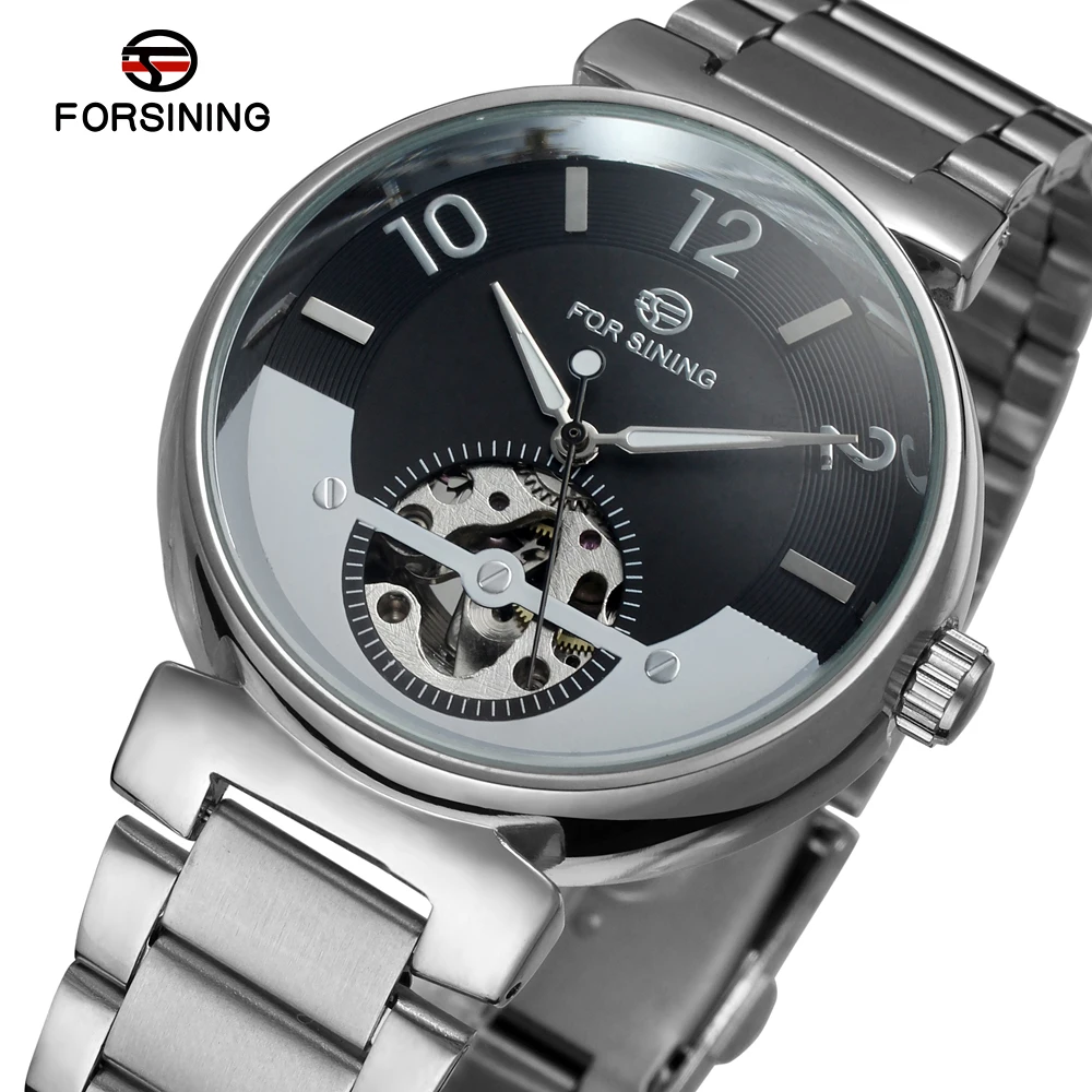 

FORSINING WATCH Creative low-key luxury two-color dial blue silver strap mechanical men's wrist watch steel belt