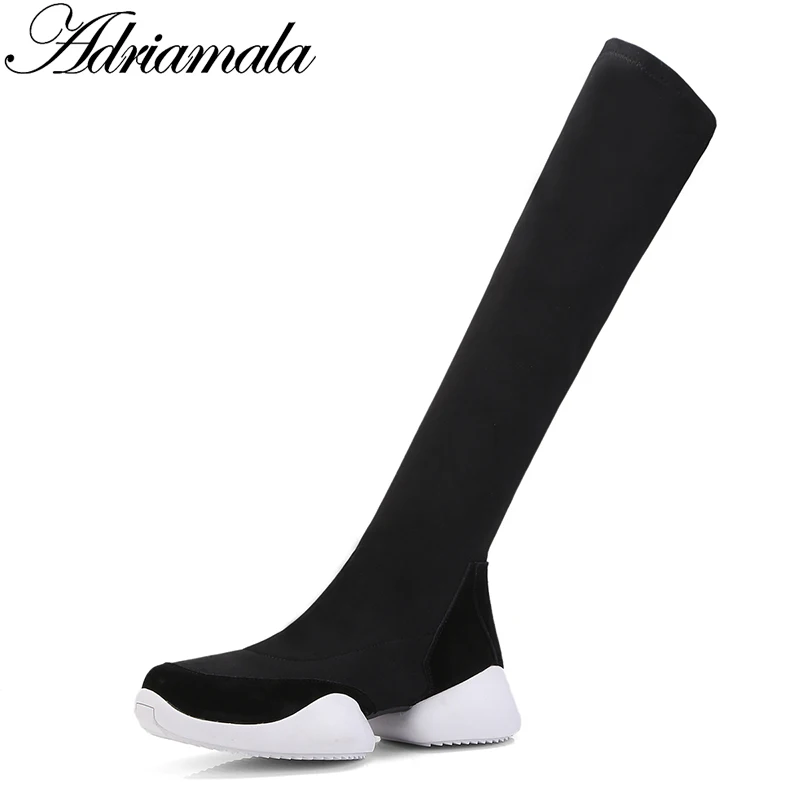 

2018 Genuine Leather Cow Suede Lady Long Black Boots Knee High Flat With Stretch Fabric Boots New Fashion Autumn shoes Adriamala