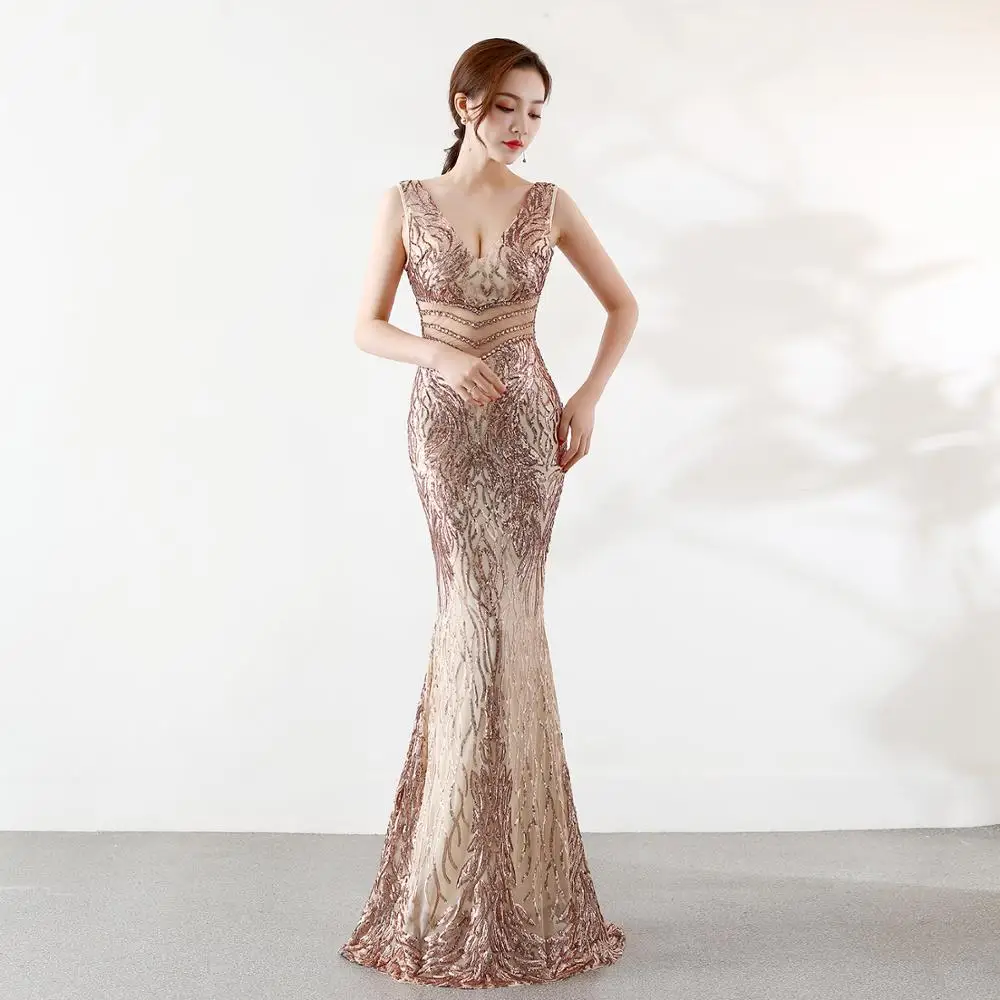 2020 New Double-V Embroidery Mermaid Evening Dress Prom Gowns Formal Party Vestido de Festa Elegant Luxury Robe LF153 | Свадьбы и