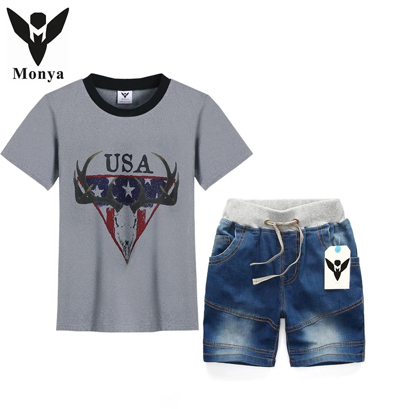 

boys summer clothes set kids clothes suit triped boys clothes children's short-sleeved T-shirt+denim shorts kid boy sets
