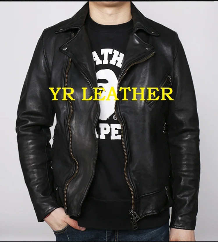 

YR!Free shipping.Pakistan tanning sheepskin.Brand Luxury japan style leather jacket,mens vintage slim genuine leather coat,