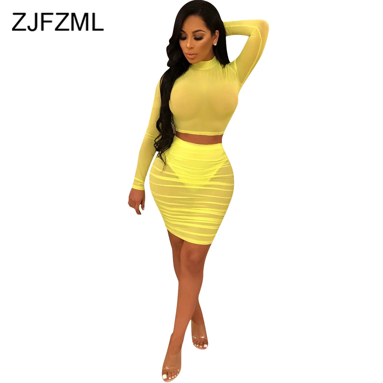 

Yellow Mesh Patchwork Two Piece Set Women Clothes Mock Neck Long Sleeve Crop Top+See Through Mini Skirt Sexy 2 Piece Club Outfit