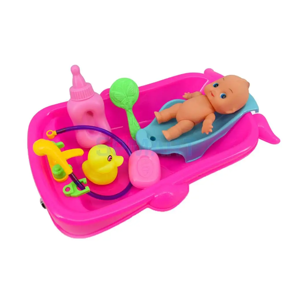 Set of Toddler Baby Adult Role Pretend Play Game Doll Bath in Bathtub Developmental Preschool Water Toy w/ Doll Gift Red