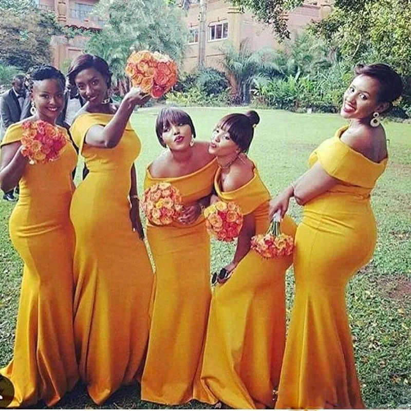 

2018 Plus Size Mermaid Long Bridesmaid Gowns African Black Girl Bateau Neck Nigeria Yellow Sweep Train Party Dresses Cheap